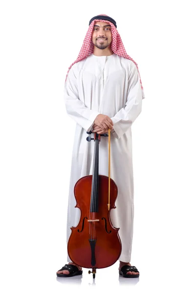 Homem árabe tocando violoncelo isolado no branco — Fotografia de Stock