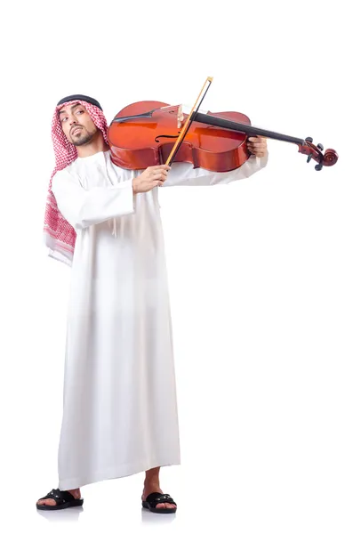 Homem árabe tocando violoncelo isolado no branco — Fotografia de Stock