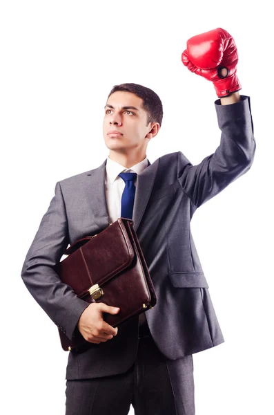 Empresario con guantes de boxeo en blanco —  Fotos de Stock