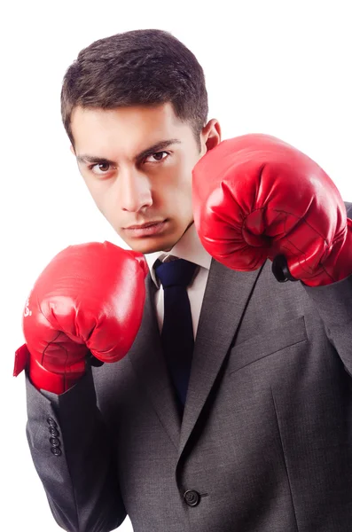 Affärsman med boxhandskar på vit — Stockfoto