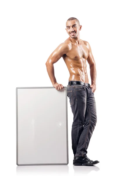Half naked man with blank board — Stock Photo, Image
