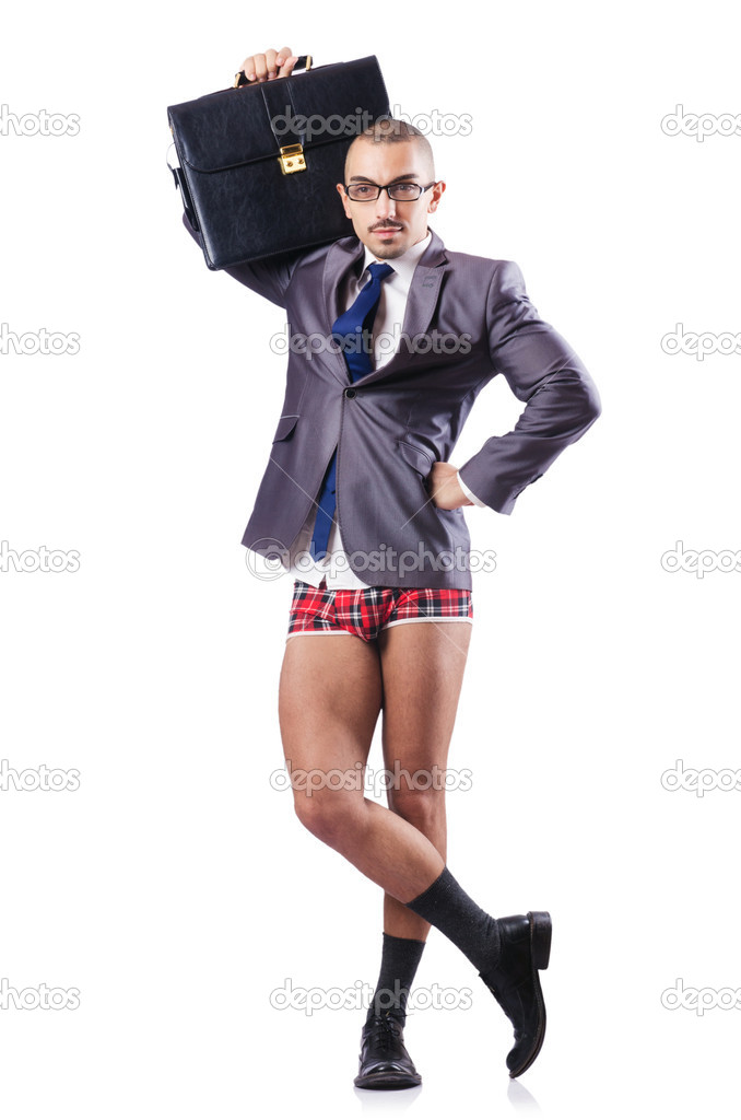 Half naked businessman on white