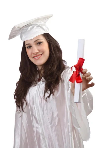 Feliz graduado sobre fondo blanco — Stok fotoğraf