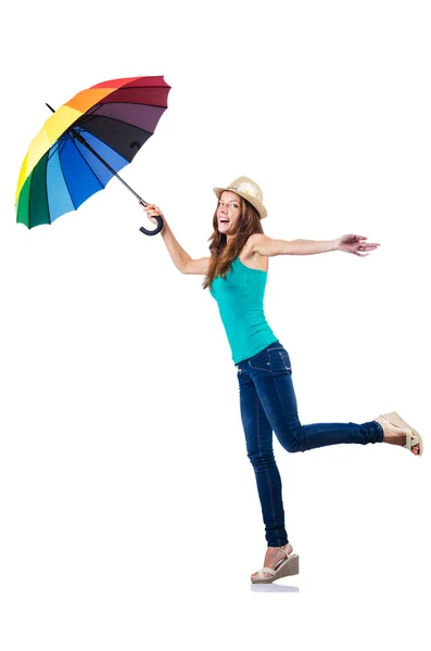 Jeune femme avec parapluie sur blanc — Photo