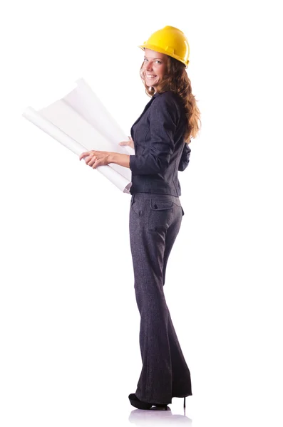 Travailleur de la construction femme avec casque dur sur blanc — Photo