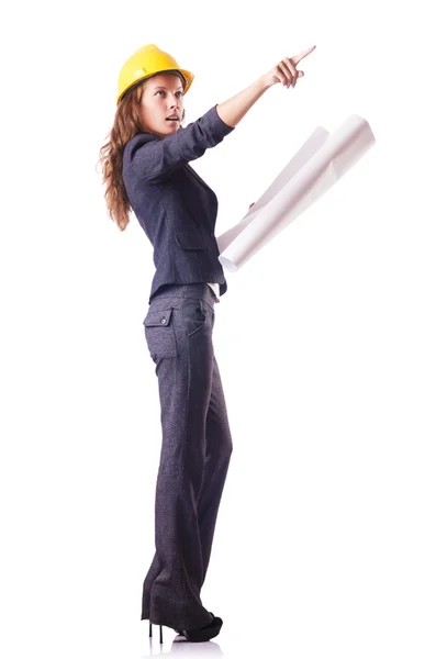 Woman construction worker with hard hat on white — Stock Photo, Image