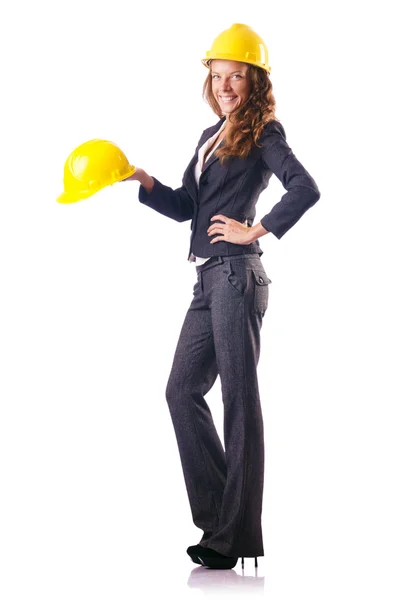 Žena stavební dělnice s tvrdým kloboukem na bílém — Stock fotografie