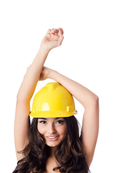 Young woman with hellow hard hat on white — Stock Photo, Image