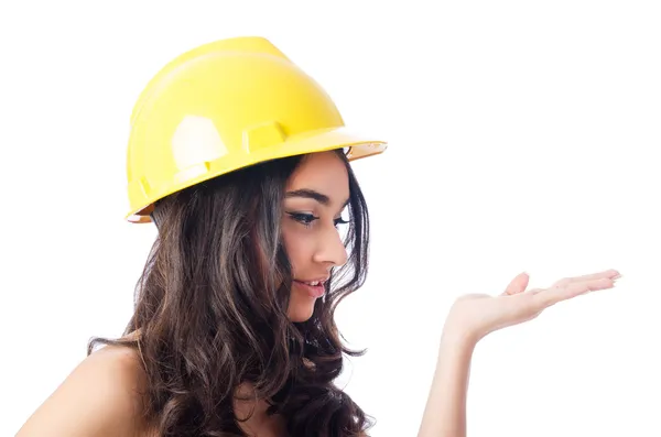 Young woman with hellow hard hat on white — Stock Photo, Image