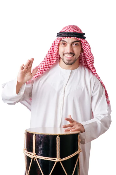 Arabische man spelen trommel geïsoleerd op wit — Stockfoto