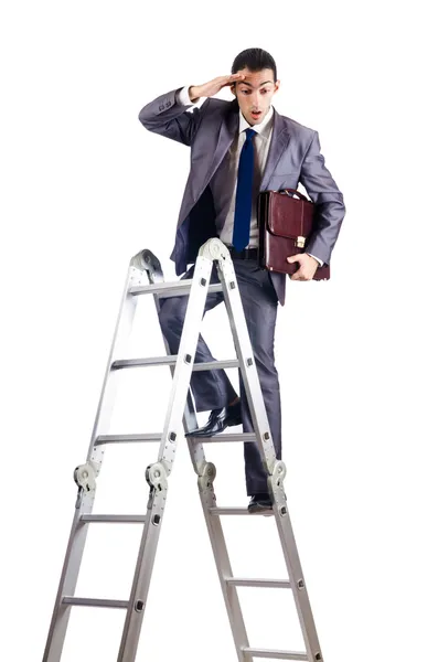 Businessman climbing career ladder on white — Stock Photo, Image