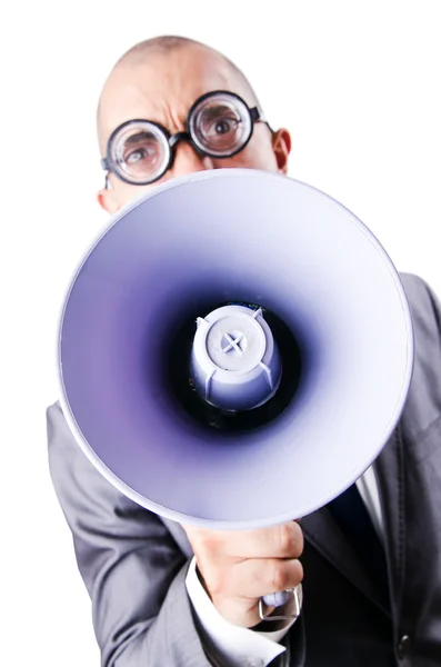 Funny man with loudspeaker on white — Stock Photo, Image