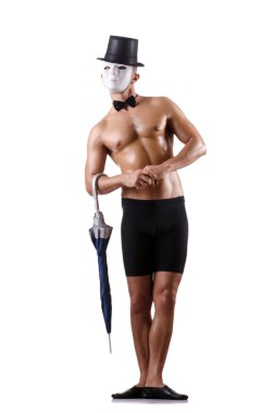 Çıplak kas pandomimcisi beyazda izole edilmiş.