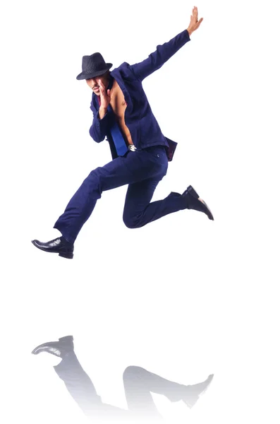 Muscular homem de negócios seminua pulando em branco — Fotografia de Stock