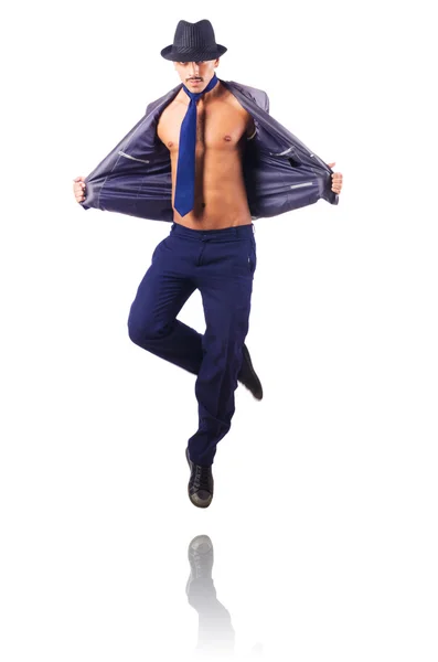 Muscular half naked businessman jumping on white — Stock Photo, Image