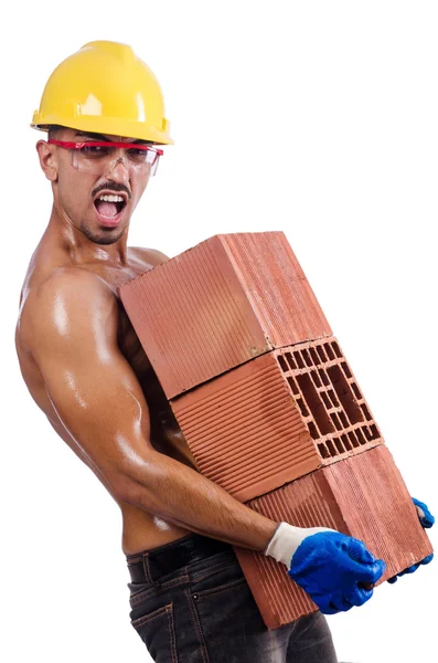 Constructor muscular con ladrillos en blanco —  Fotos de Stock