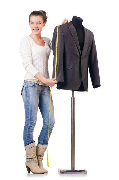 Mujer sastre trabajando en vestido — Foto de Stock