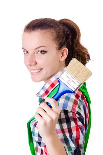 Woman painter with paintbrush on white — Stock Photo, Image