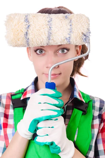 Woman painter with paintbrush on white — Stock Photo, Image