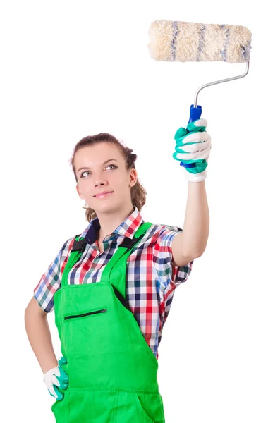 Woman painter with paintbrush on white — Stock Photo, Image