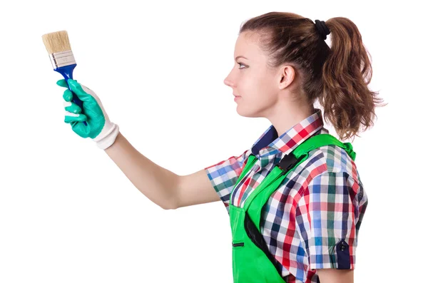 Woman painter with paintbrush on white — Stock Photo, Image