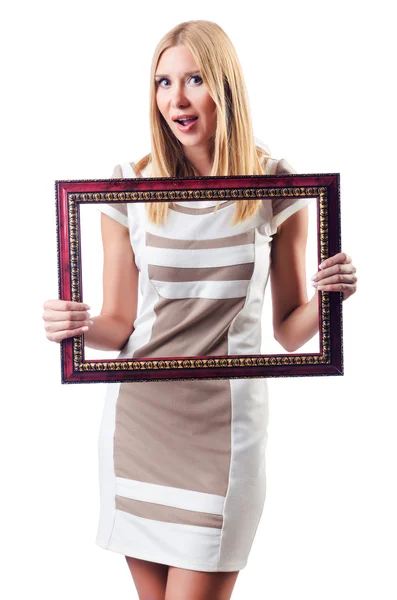 Woman with picture frame on white — Stock Photo, Image