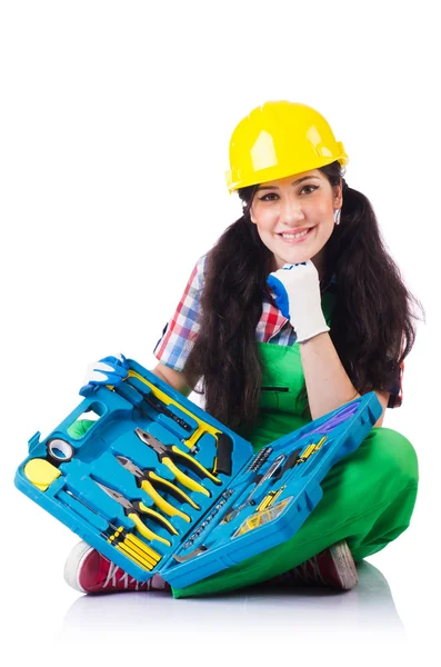 Woman builder isolated on white — Stock Photo, Image