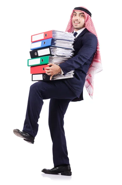 Arab businessman with many folders on white — Stock Photo, Image