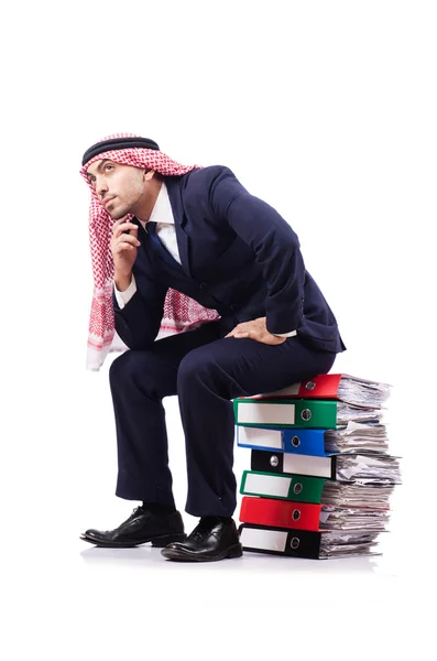 Arab businessman with many folders on white — Stock Photo, Image