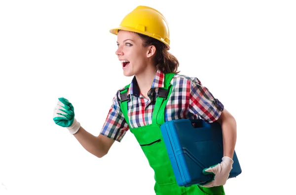 Jeune femme avec boîte à outils sur blanc — Photo