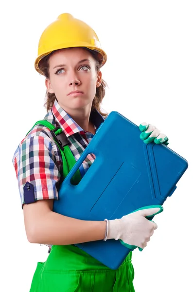 Young woman with toolkit on white — Stock Photo, Image