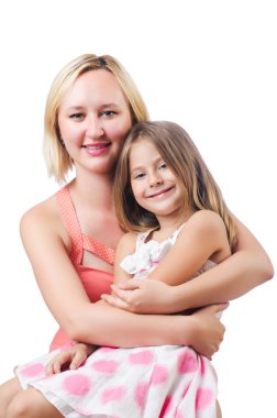 mutlu anne ve kızı beyaz izole