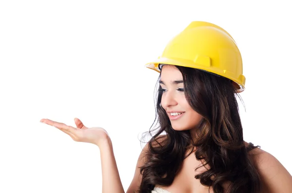 Young woman with hellow hard hat on white — Stock Photo, Image