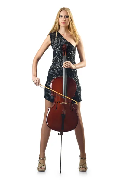 Woman performer with cello on white — Stock Photo, Image