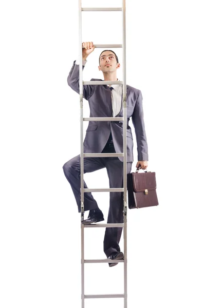 Zakenman klimmend op de ladder geïsoleerd op wit — Stockfoto