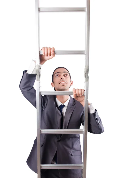 Homme d'affaires grimpant l'échelle isolé sur blanc — Photo