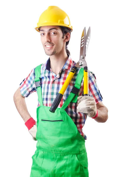 Muž zahradník s nůžkami na bílém — Stock fotografie