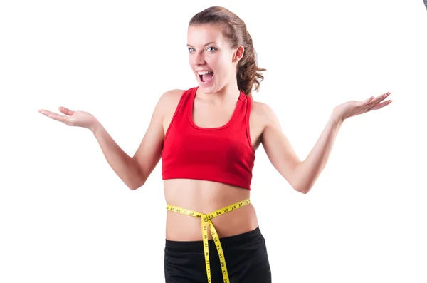 Mladá dívka s centimetrem v dietě koncept — Stock fotografie