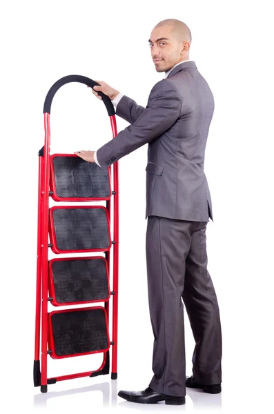 Επιχειρηματίας με τη σκάλα που απομονώνονται σε λευκό — Φωτογραφία Αρχείου