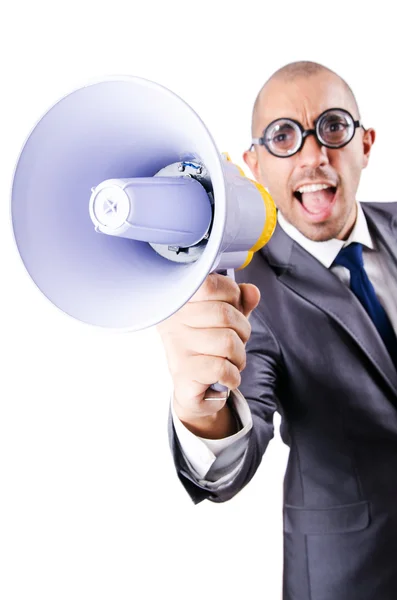 Funny man with loudspeaker on white — Stock Photo, Image