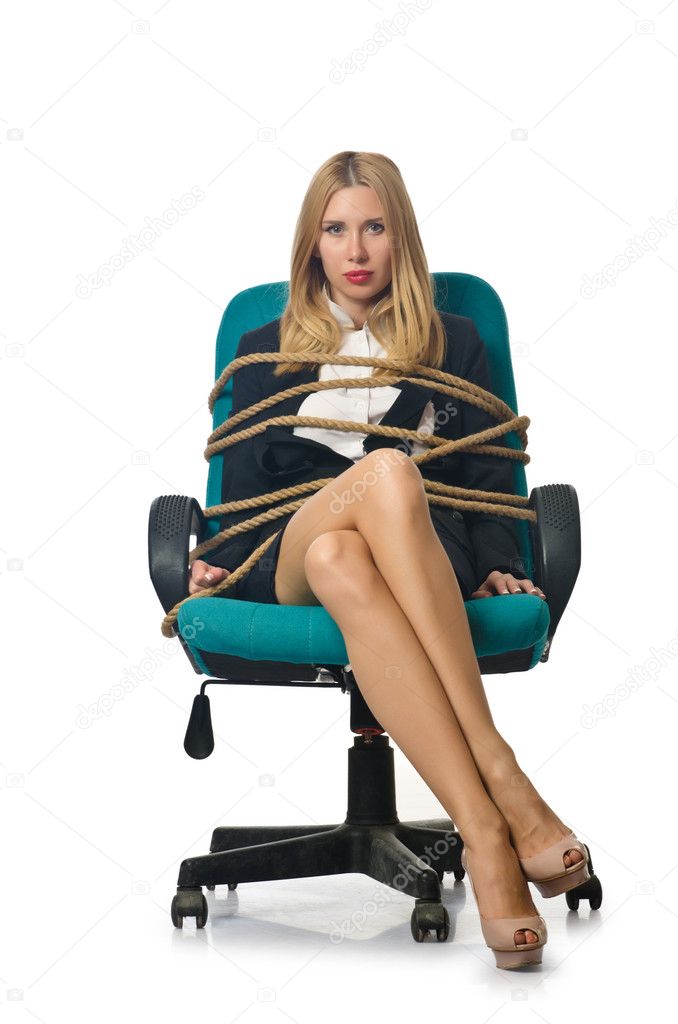 Businesswoman woman tied up with rope on white