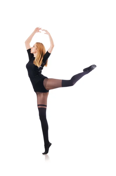Junge Frau tanzt auf weißem Hintergrund — Stockfoto