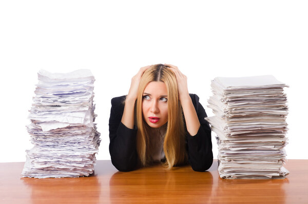 Woman with pile of papers