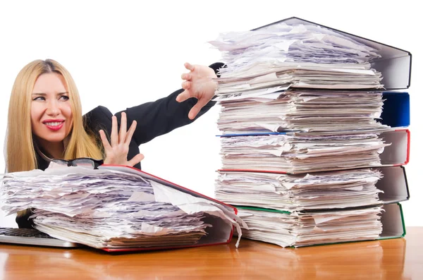 Woman with pile of papers — Stock Photo, Image