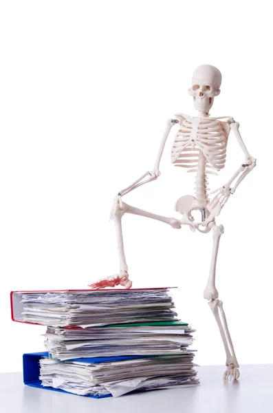 Skeleton with pile of files on white — Stock Photo, Image