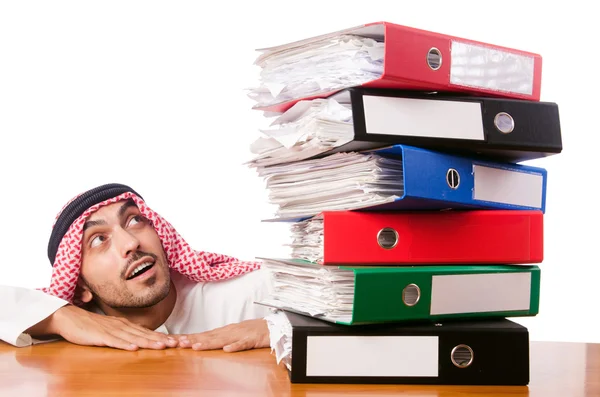 Arab businessman with many folders on white — Stock Photo, Image