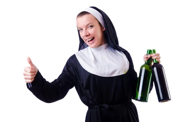 Nun with bottle of red wine — Stock Photo, Image