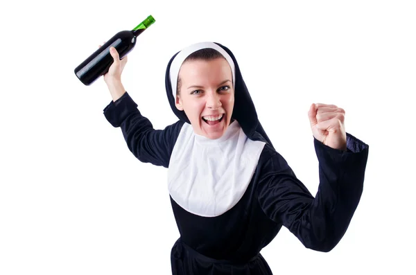 Nun with bottle of red wine — Stock Photo, Image