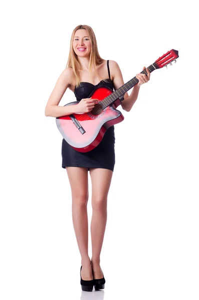 Mulher tocando guitarra isolada no branco — Fotografia de Stock