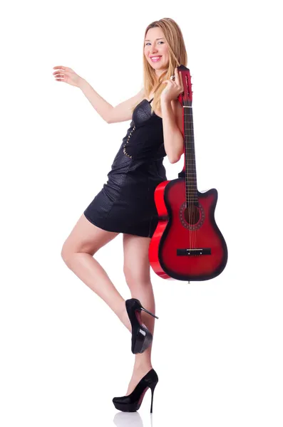 Frau spielt isoliert auf der weißen Gitarre — Stockfoto